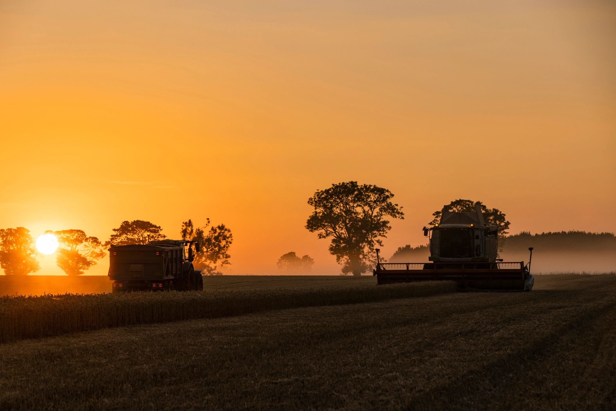 Combine and tractor working together at sunset