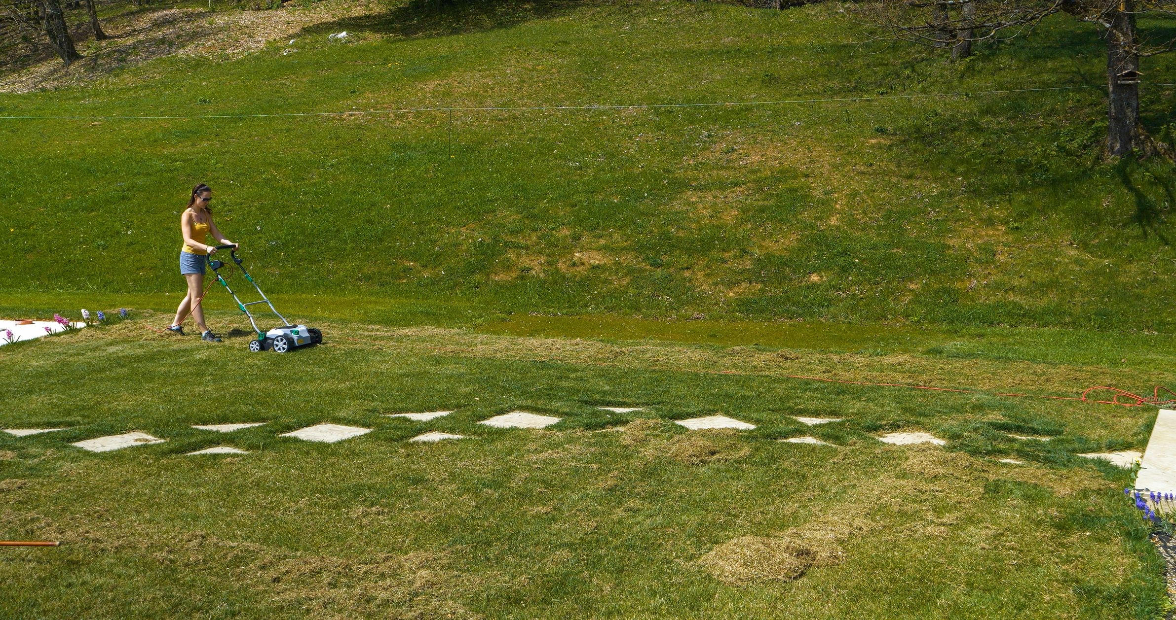 Person using an electric lawn aerator device on turf