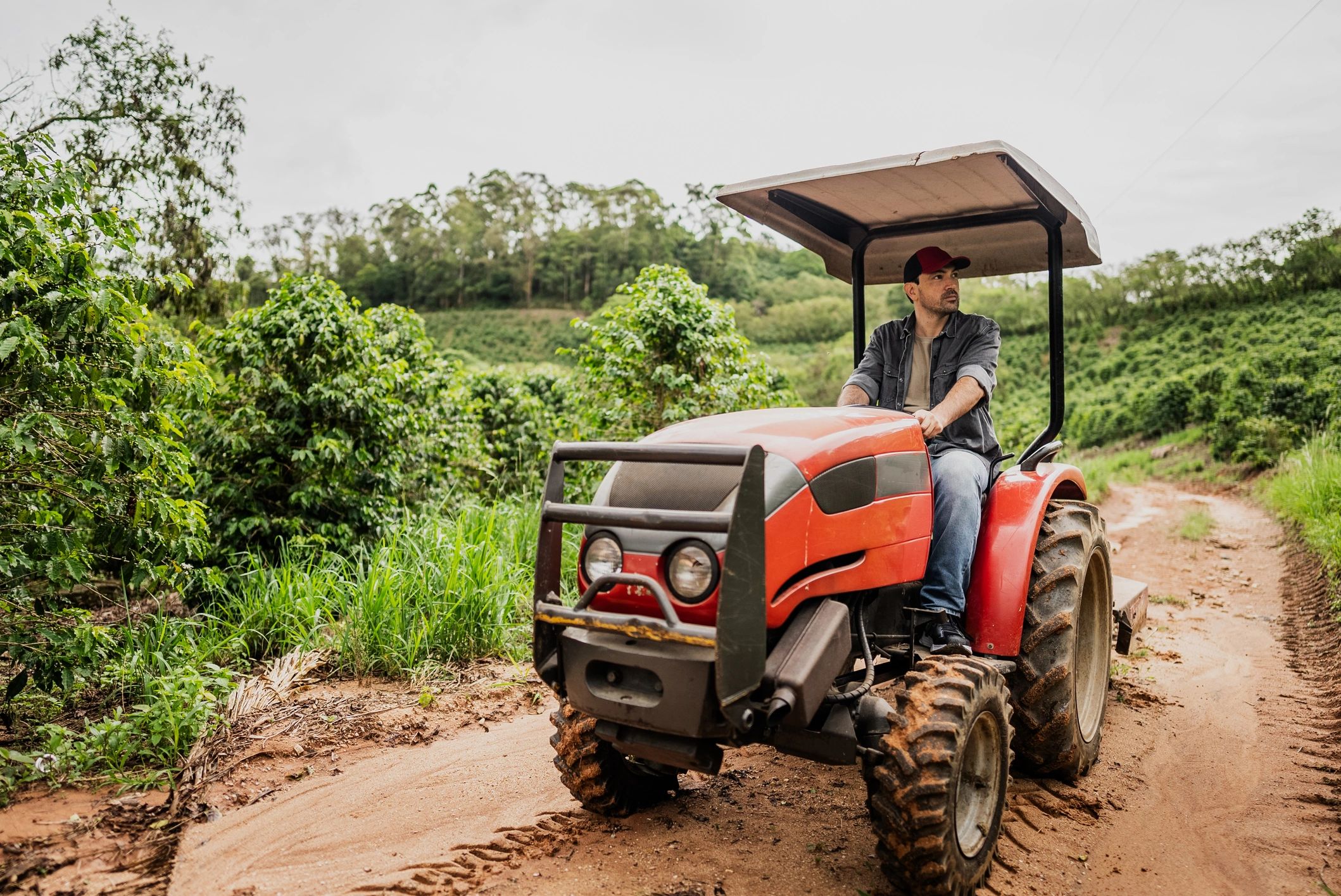 Farmer driving a tractor in a field