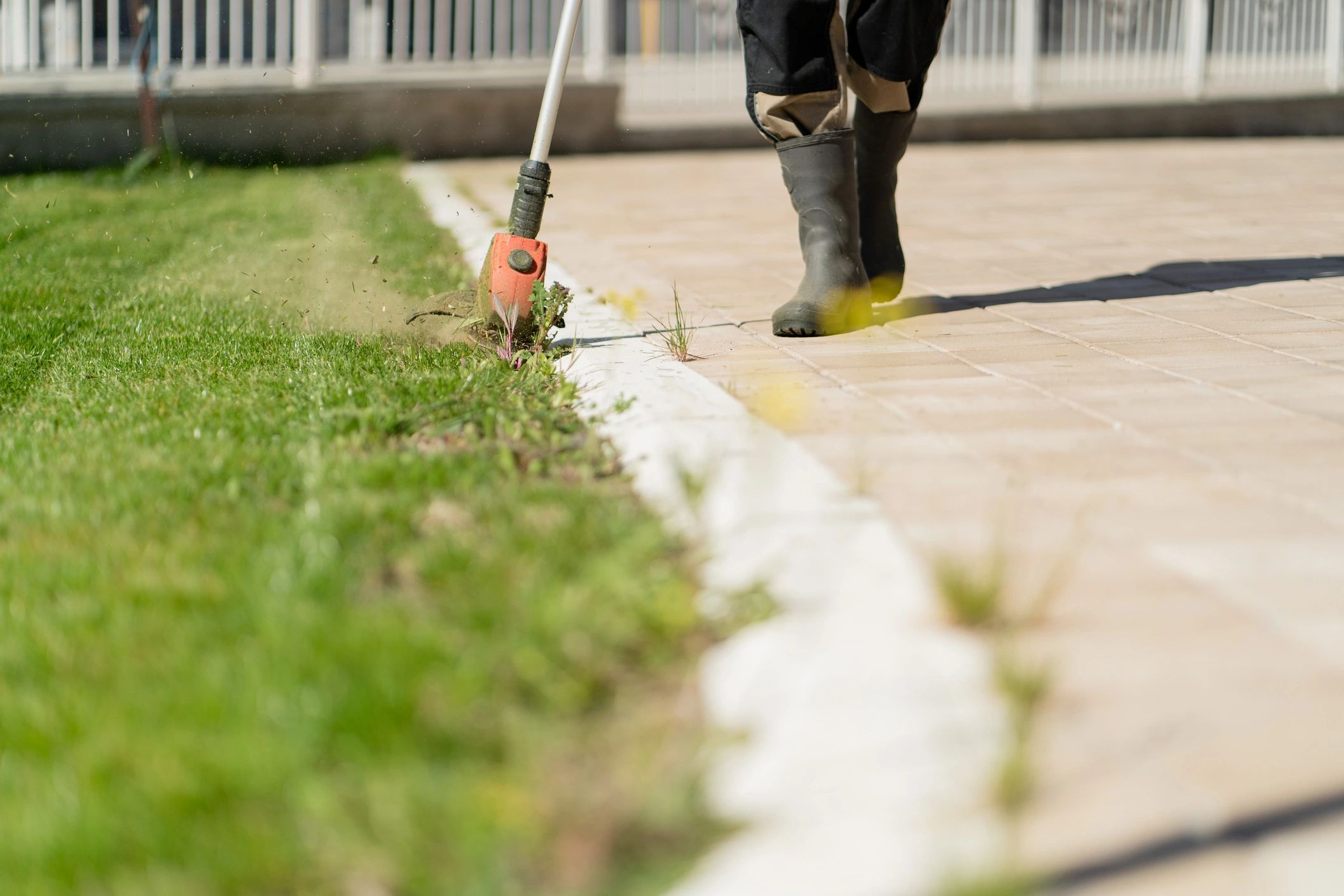 Person edging grass with a string trimmer