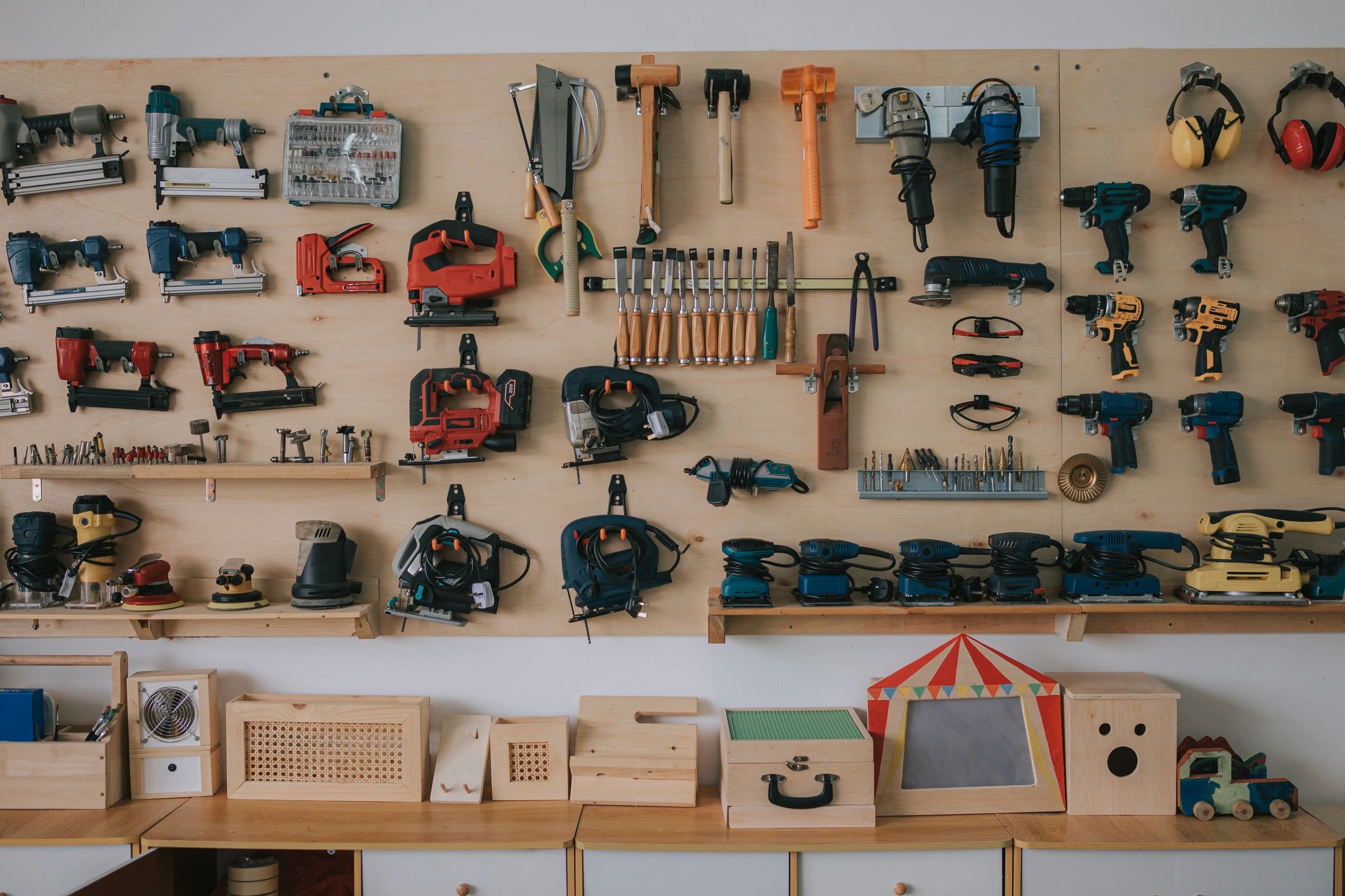 Construction hand tools on a workbench